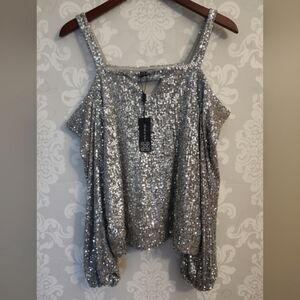 New Cable & Gauge Party Holiday Silver Sequin Cold Shoulder Blouse L